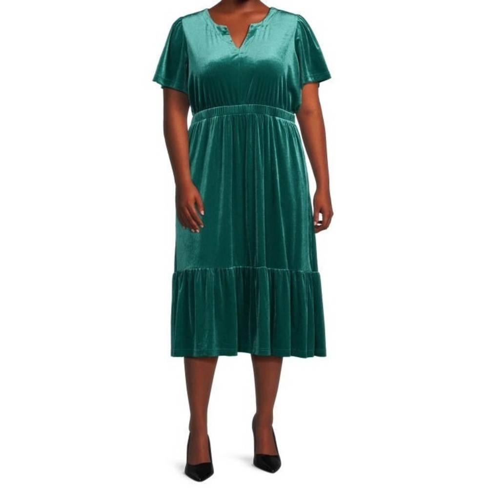 Terra & Sky Midi Dress Size 3X Pockets Tiered Flutter Sleeve Emerald Velvet NWT - Picture 4 of 9